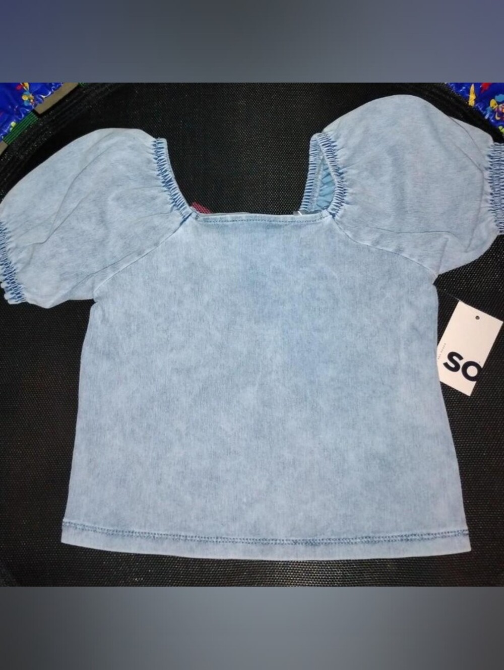 NWT SO Girls Size M (8) Light Wash Denim Puff Sleeve Square Neck Top